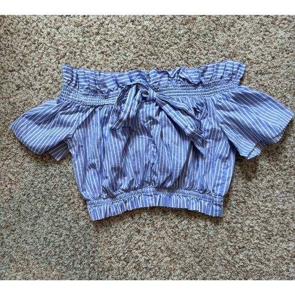 Zara Basics top, medium, blue & white with bow; off the shoulder - Picture 2 of 6